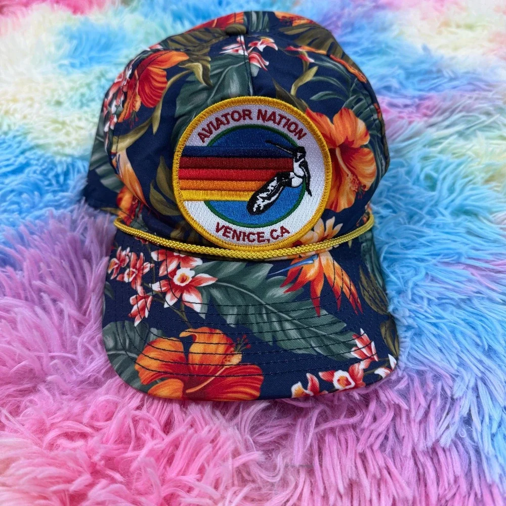 Aviator Nation Venice CA Tropical Floral Snapback Hat Navy Blue Rainbow Patch - Picture 1 of 7